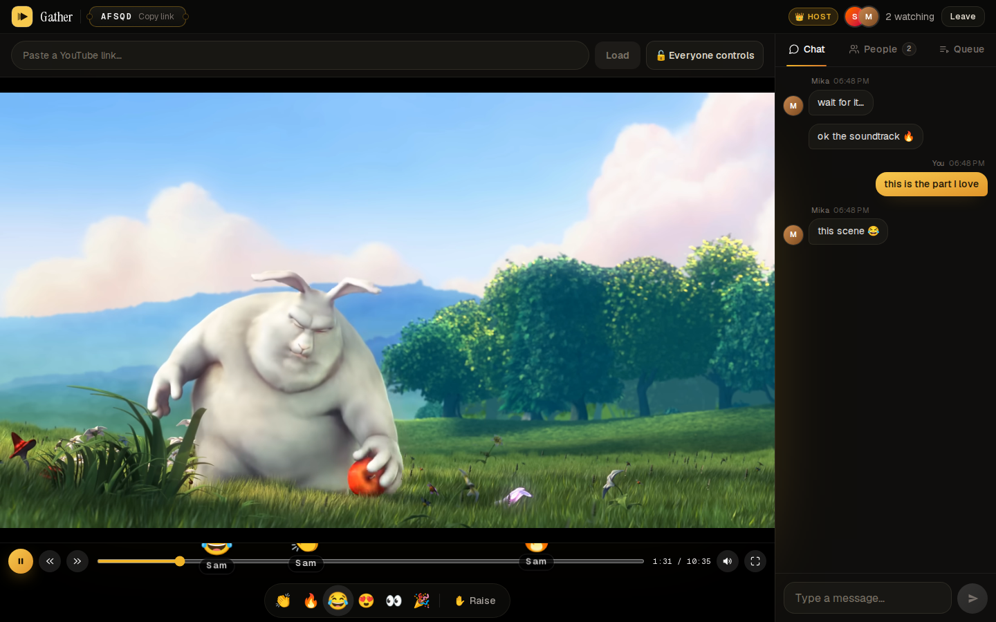 Gather room on desktop: the video up front, chat and people beside it